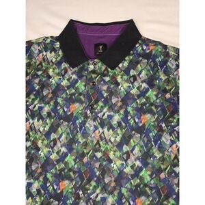 Like No Other Colorful Geometric Print Polo Shirt Black Collar Size L